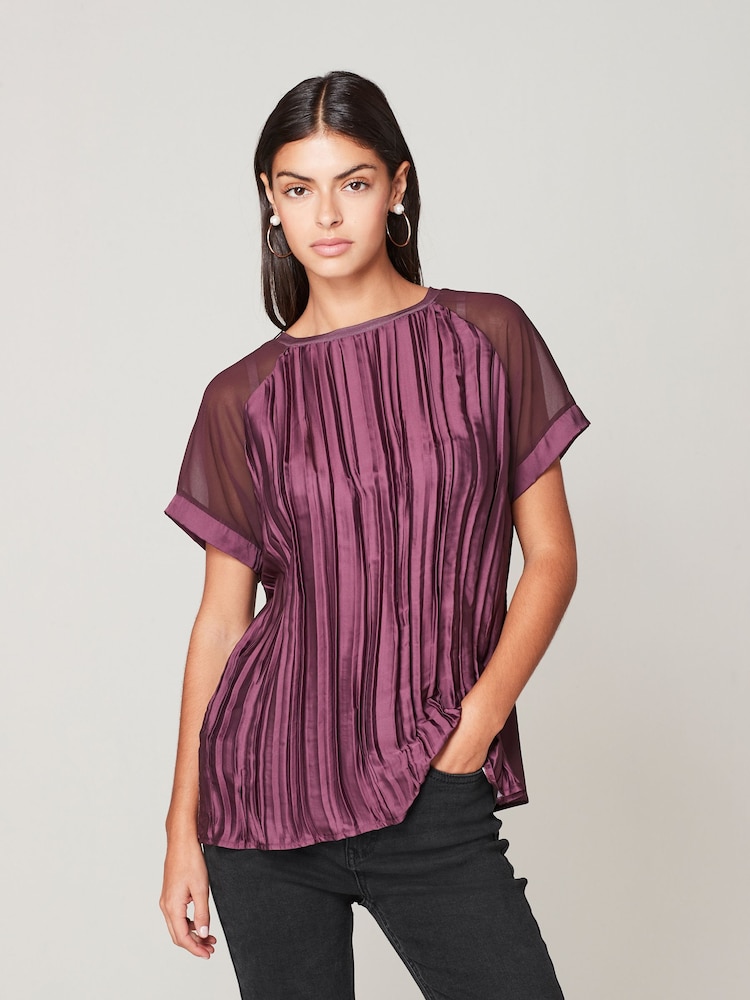 Plum Purple Plissé Woven Mix Short Sleeve Top - Image 1 of 6
