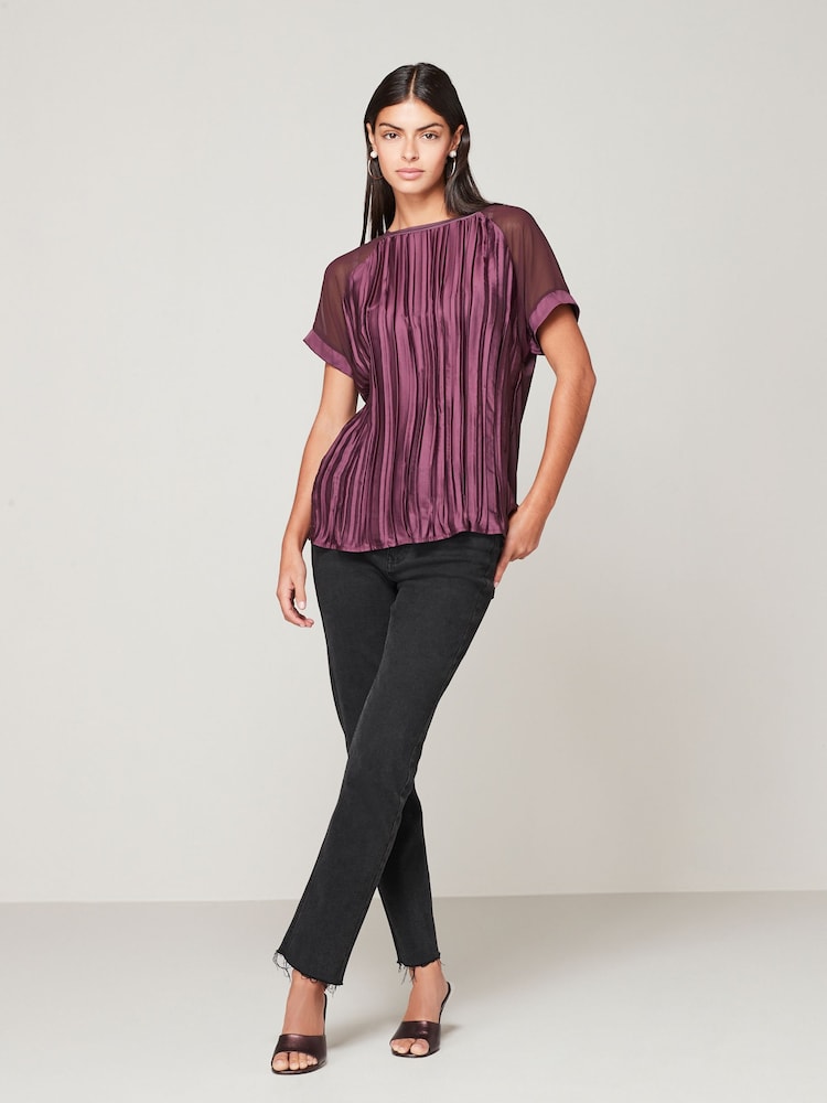 Plum Purple Plissé Woven Mix Short Sleeve Top - Image 2 of 6