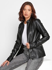 Long Tall Sally Black Faux Leather Funnel Neck Jacket - Image 1 of 5