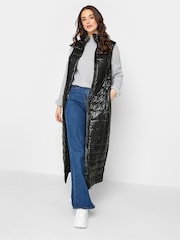 Long Tall Sally Black High Shine Maxi Puffer Gilet - Image 1 of 4