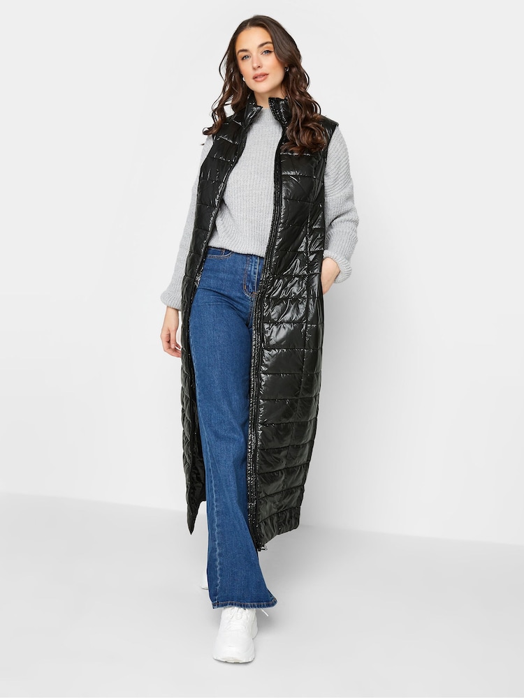 Long Tall Sally Black High Shine Maxi Puffer Gilet - Image 1 of 4