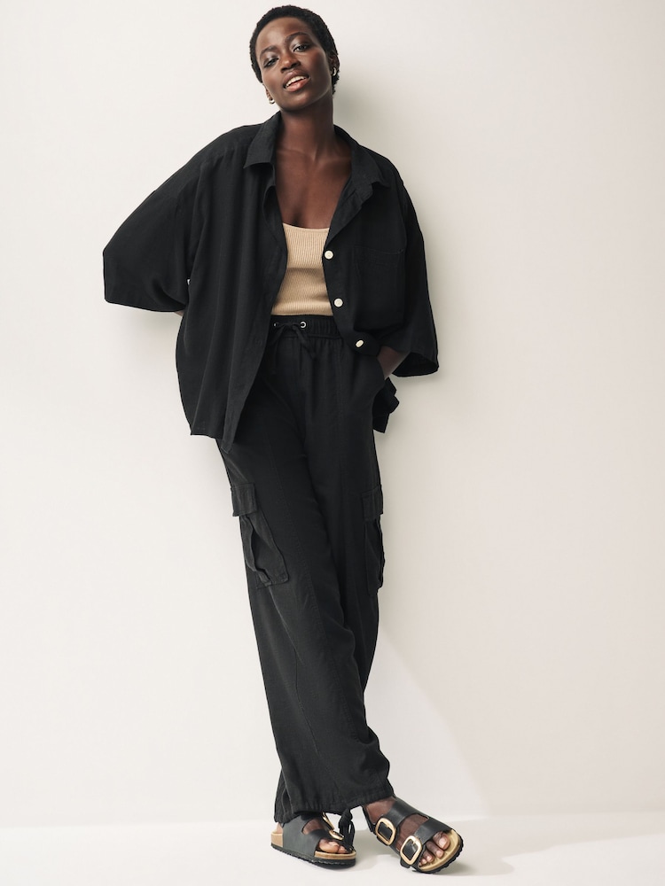 Black Linen Cargo Trousers - Image 1 of 7
