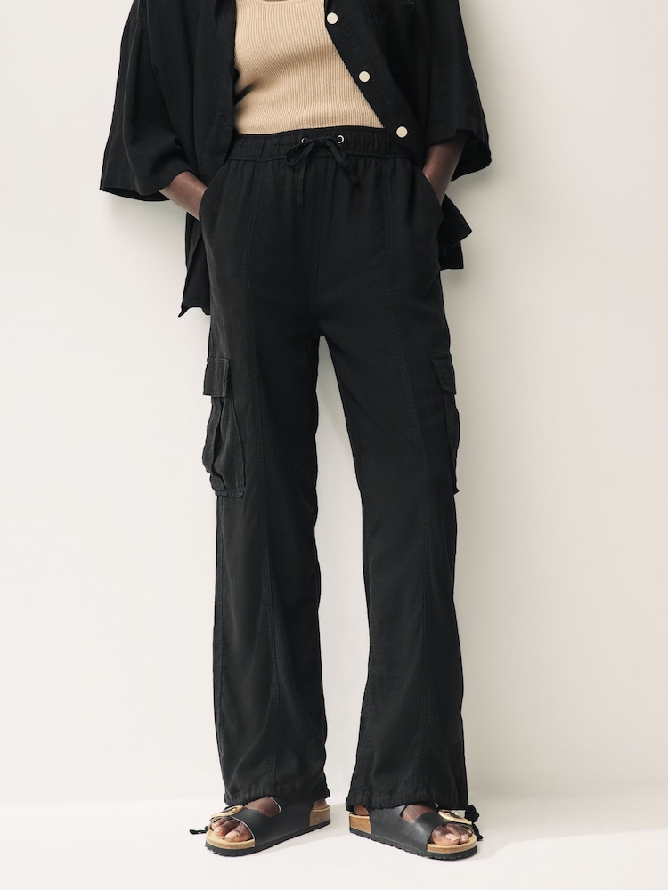 Black Linen Cargo Trousers - Image 2 of 7
