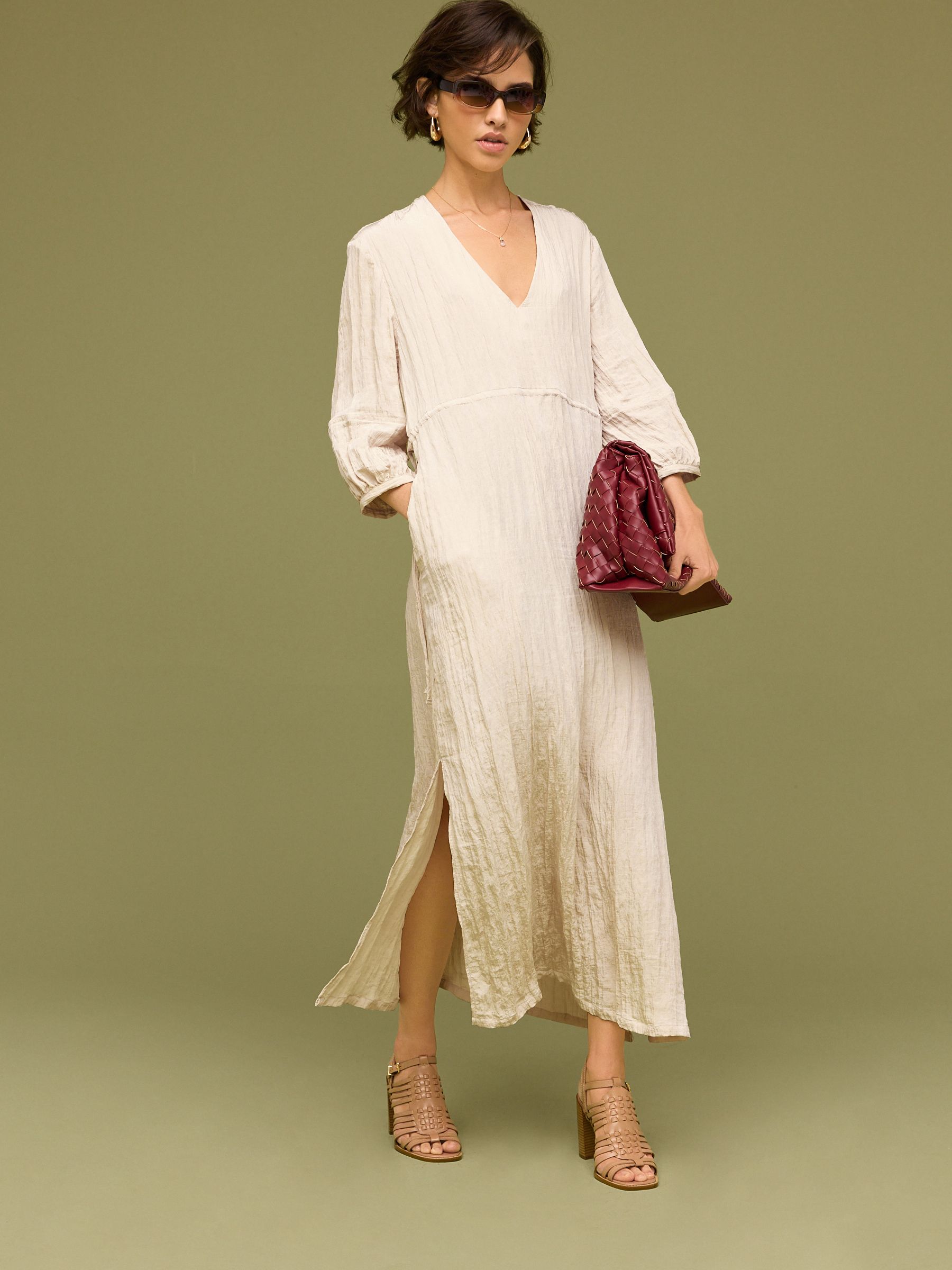 Buy Neutral Textured Tie Waist Printed Midi Dress from Next Oman