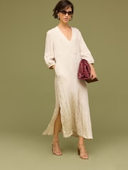 Neutral Textured Tie-Waist Printed Midi Dress - Image 1 of 1