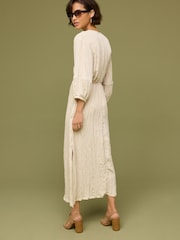 Neutral Textured Tie-Waist Printed Midi Dress - Image 3 of 6