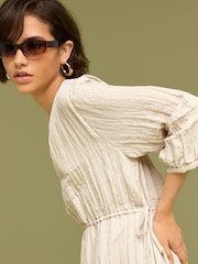 Neutral Textured Tie-Waist Printed Midi Dress - Image 4 of 6