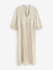 Neutral Textured Tie-Waist Printed Midi Dress - Image 5 of 6