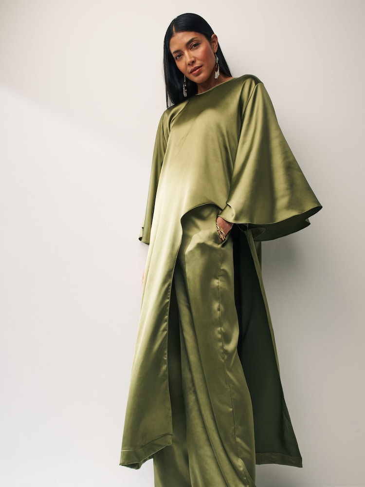 Green Longline Satin Blouse - Image 1 of 5