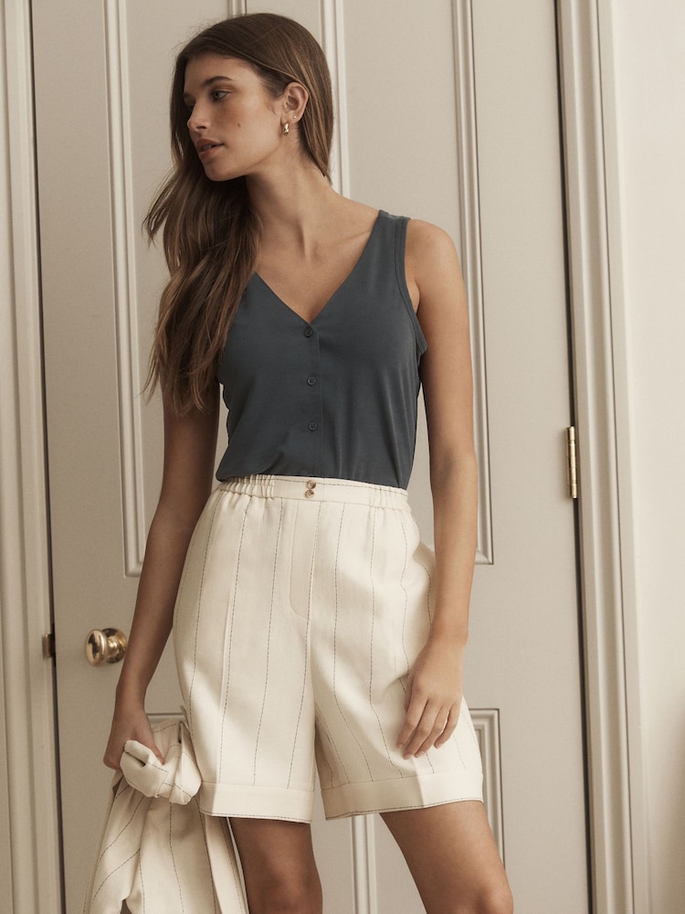 White Premium Linen Blend Pin Stripe Shorts - Image 2 of 6
