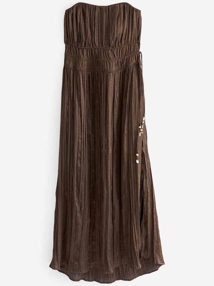 Brown Beaded Detail Crinkle Satin Bandeau Dress - Image 6 of 7