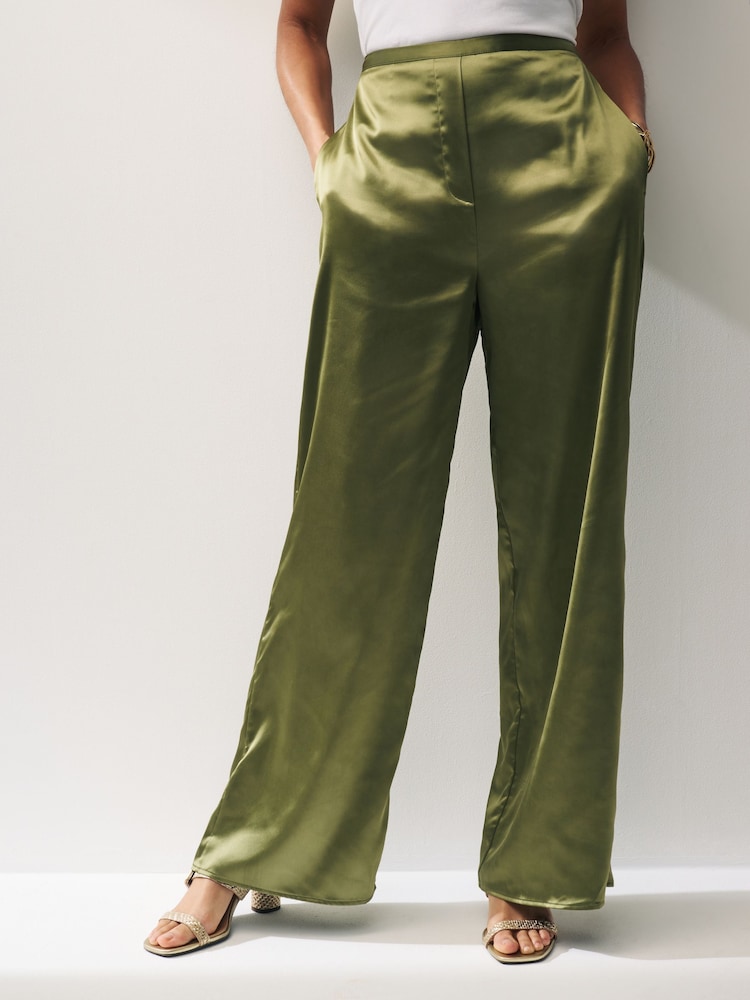 Green Satin Elasticated Wide Leg Trousers - Image 2 of 4