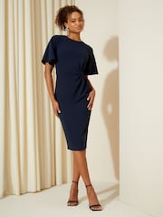 Friends Like These Navy Blue Tailored Knot Detail Flutter Sleeve Midi Dress - Image 3 of 4