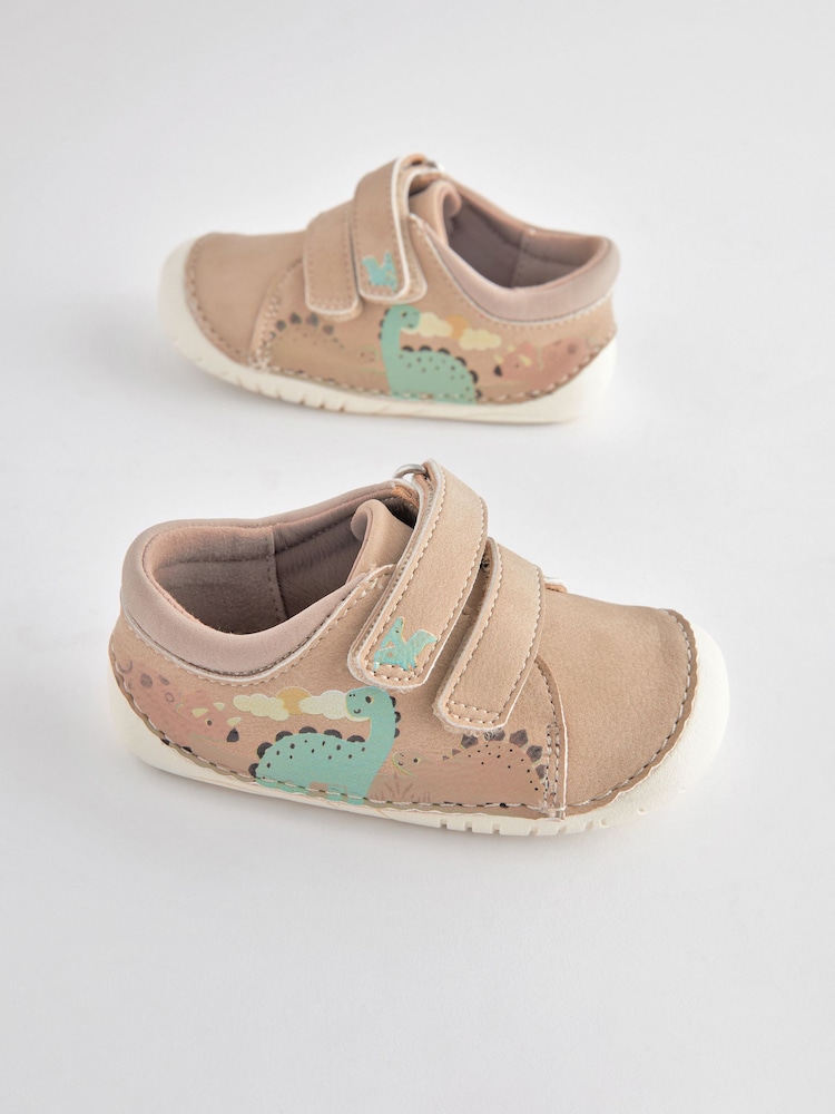 Neutral Dinosaur Scene Wide Fit (G) Crawler Shoes - Image 1 of 6