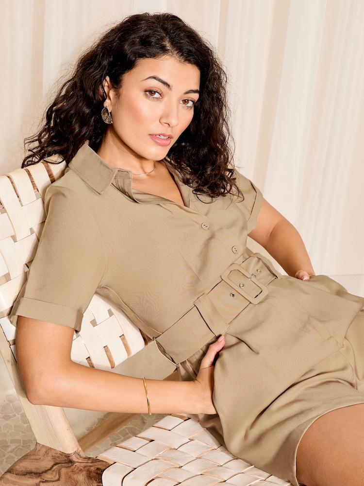 Friends Like These Neutral Twill Utility Belted Short Sleeve Playsuit - Image 2 of 4 Friends Like These Neutral Twill Utility Belted Short Sleeve Playsuit - Image 2 of 4
