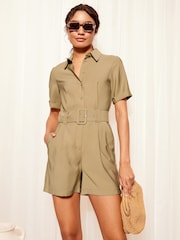 Friends Like These Khaki Green Twill Utility Belted Short Sleeve Playsuit - Image 1 of 4