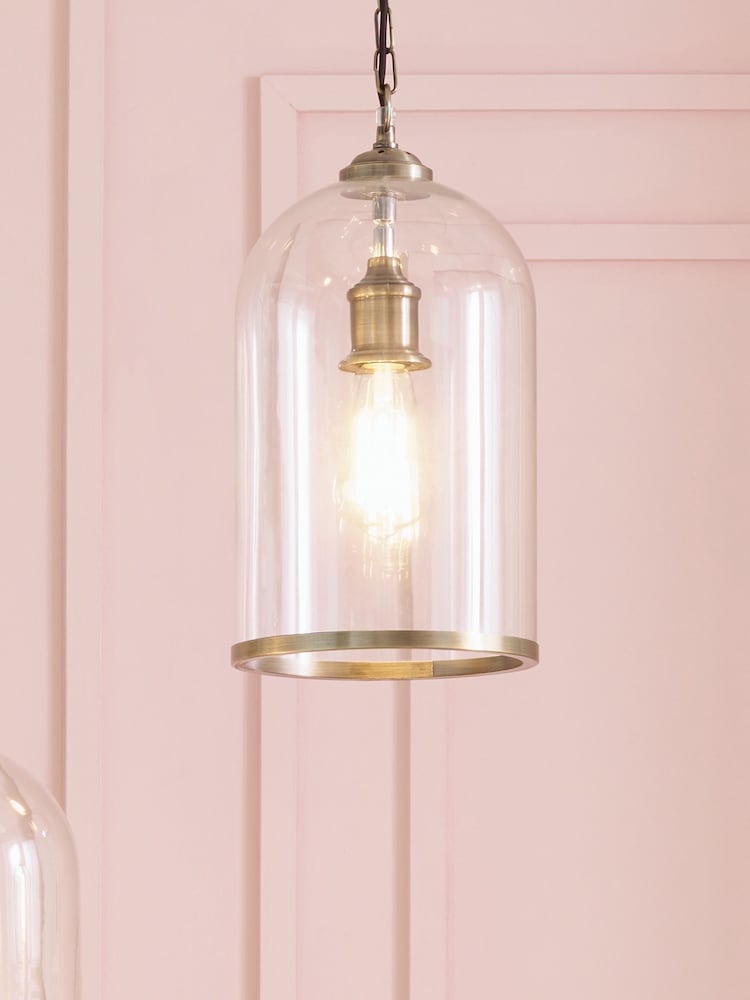 Pacific Clear Cloche Glass and Antique Brass Rimmed Pendant Ceiling Light - Image 1 of 2