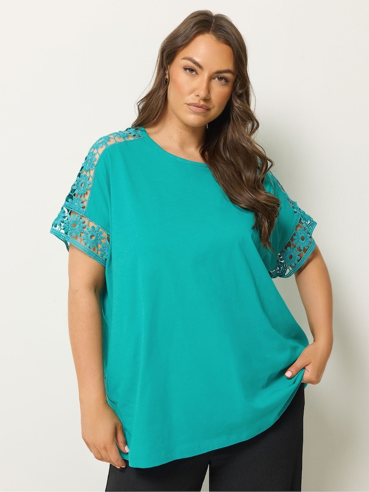Yours Curve Blue Boxy Crochet T-Shirt - Image 1 of 2 Yours Curve Blue Boxy Crochet T-Shirt - Image 1 of 2