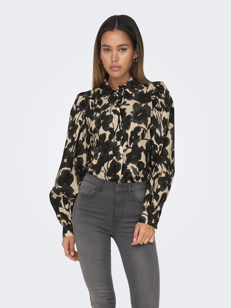 ONLY Cream Blurred Floral Print Puff Long Sleeve Shirt - Image 1 of 5 ONLY Cream Blurred Floral Print Puff Long Sleeve Shirt - Image 1 of 5