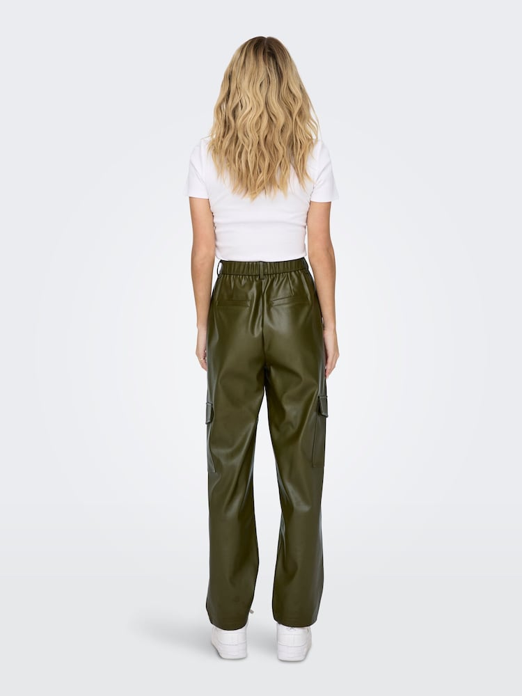 ONLY Green High Waisted Faux Leather Wide Leg Utility Cargo Trousers - Image 2 of 6 ONLY Green High Waisted Faux Leather Wide Leg Utility Cargo Trousers - Image 2 of 6