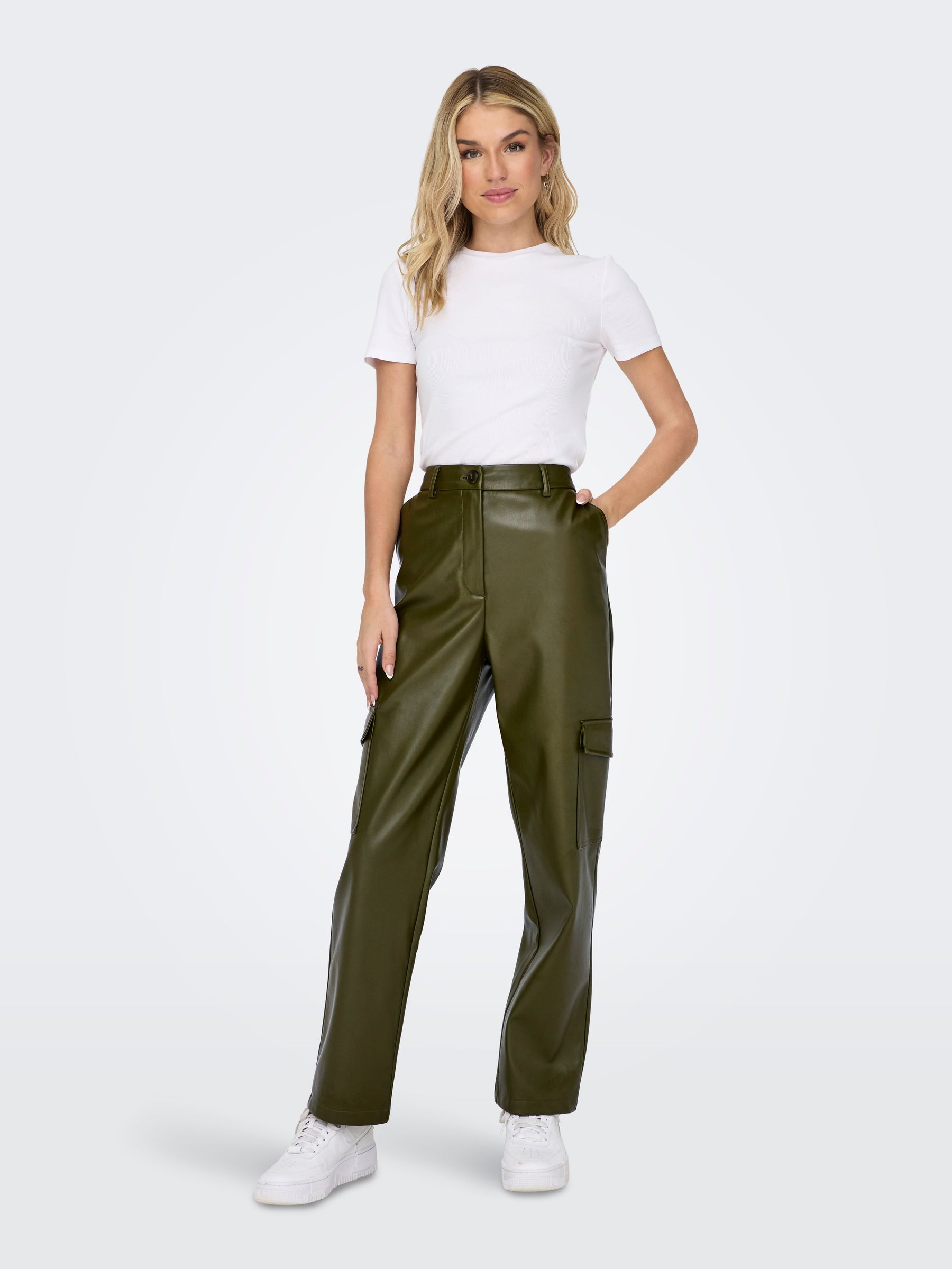 Buy ONLY Green High Waisted Faux Leather Wide Leg Utility