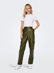 ONLY Green High Waisted Faux Leather Wide Leg Utility Cargo Trousers - Image 3 of 6