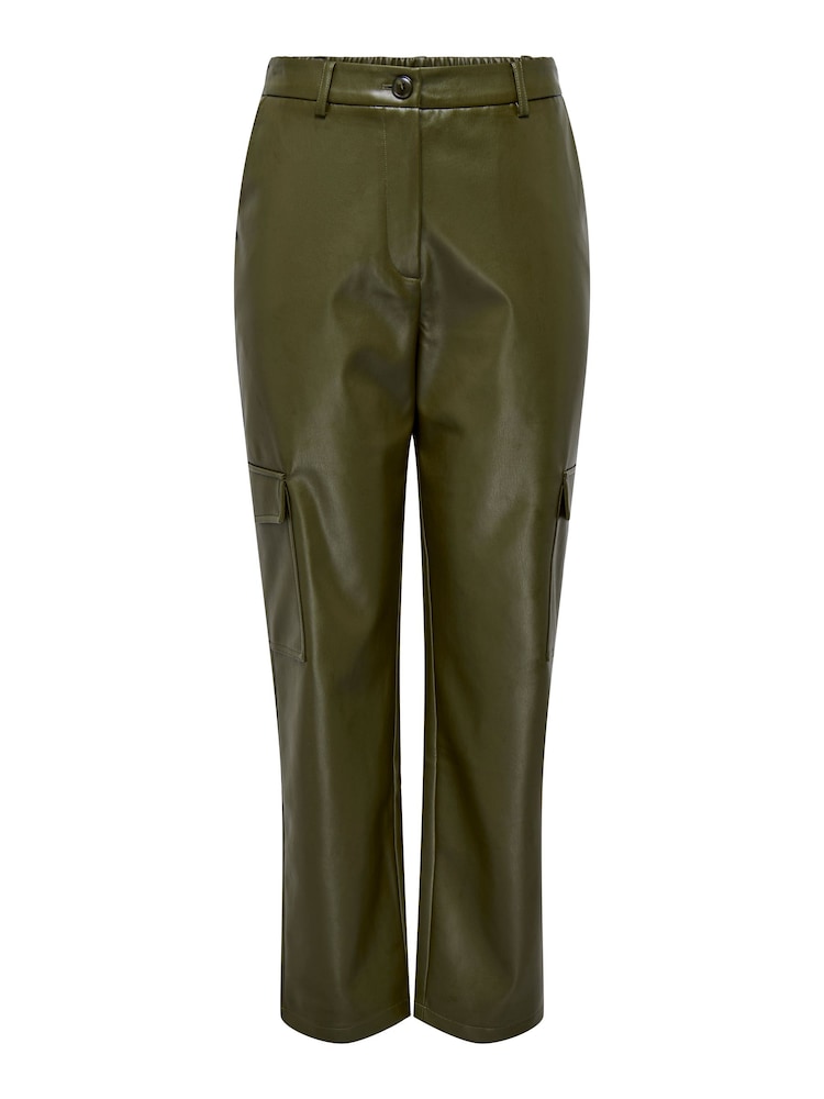 ONLY Green High Waisted Faux Leather Wide Leg Utility Cargo Trousers - Image 6 of 6