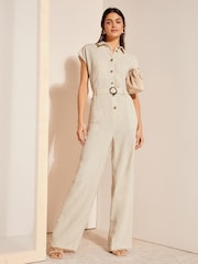 Friends Like These Cream Short Sleeve Button Through Tailored Jumpsuit with Linen - Image 1 of 4