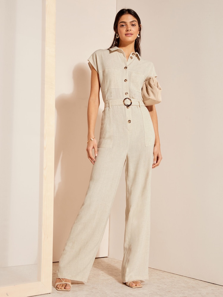 Friends Like These Cream Short Sleeve Button Through Tailored Jumpsuit with Linen - Image 1 of 4