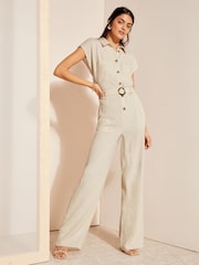 Friends Like These Cream Short Sleeve Button Through Tailored Jumpsuit with Linen - Image 3 of 4