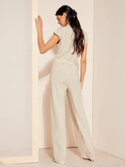 Friends Like These Cream Short Sleeve Button Through Tailored Jumpsuit with Linen - Image 4 of 4