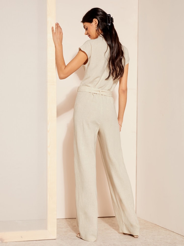 Friends Like These Cream Short Sleeve Button Through Tailored Jumpsuit with Linen - Image 4 of 4