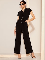 Friends Like These Black Short Sleeve Button Through Tailored Jumpsuit with Linen - Image 3 of 4