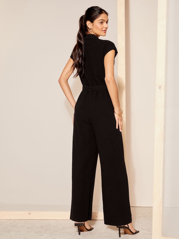 Friends Like These Black Short Sleeve Button Through Tailored Jumpsuit with Linen - Image 4 of 4