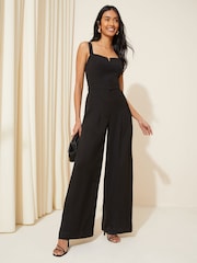 Friends Like These Black Tall Twill Strappy Belted Wide Leg Jumpsuit - Image 3 of 4