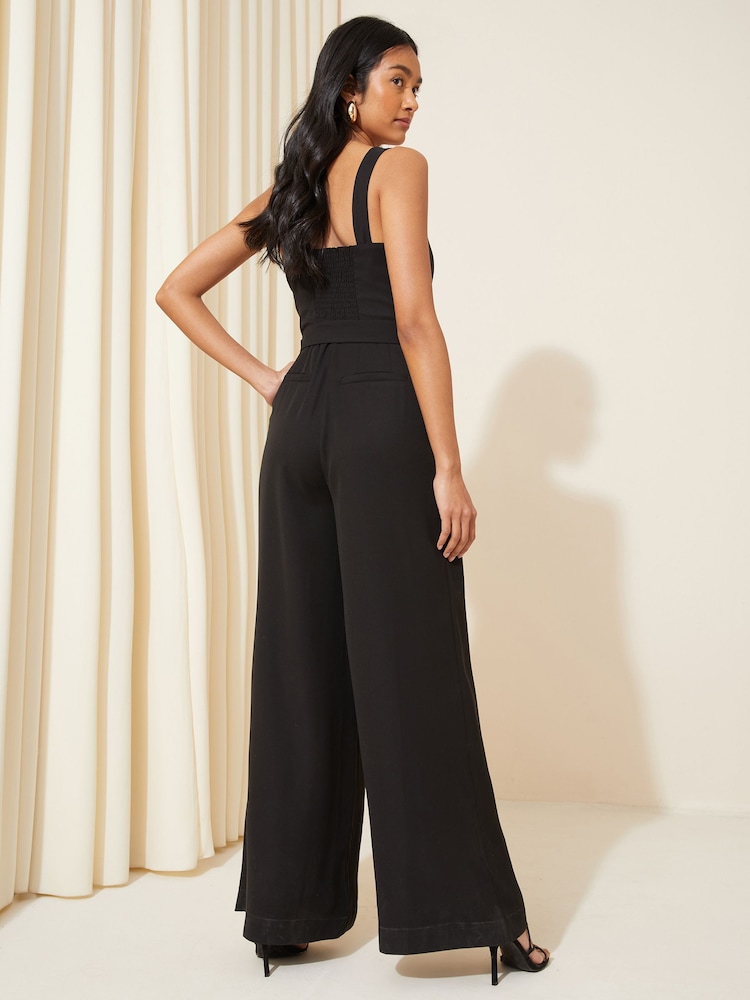 Friends Like These Black Tall Twill Strappy Belted Wide Leg Jumpsuit - Image 4 of 4