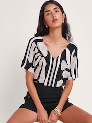 Monsoon Black 100% Cotton Palm Print Knit Top - Image 2 of 5