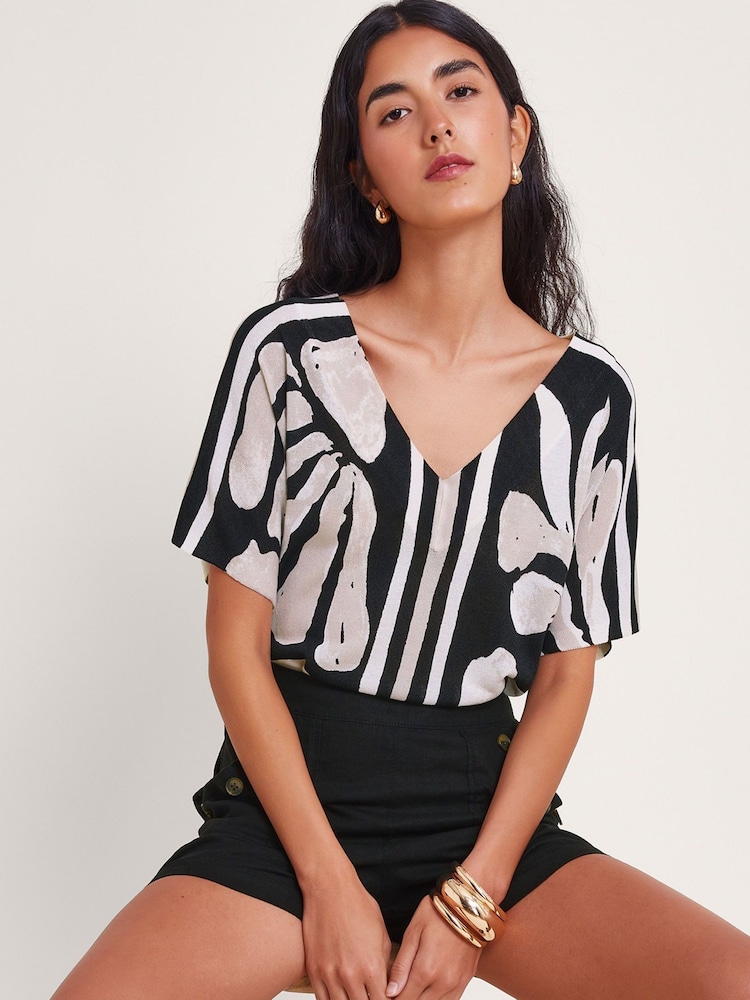 Monsoon Black 100% Cotton Palm Print Knit Top - Image 2 of 5