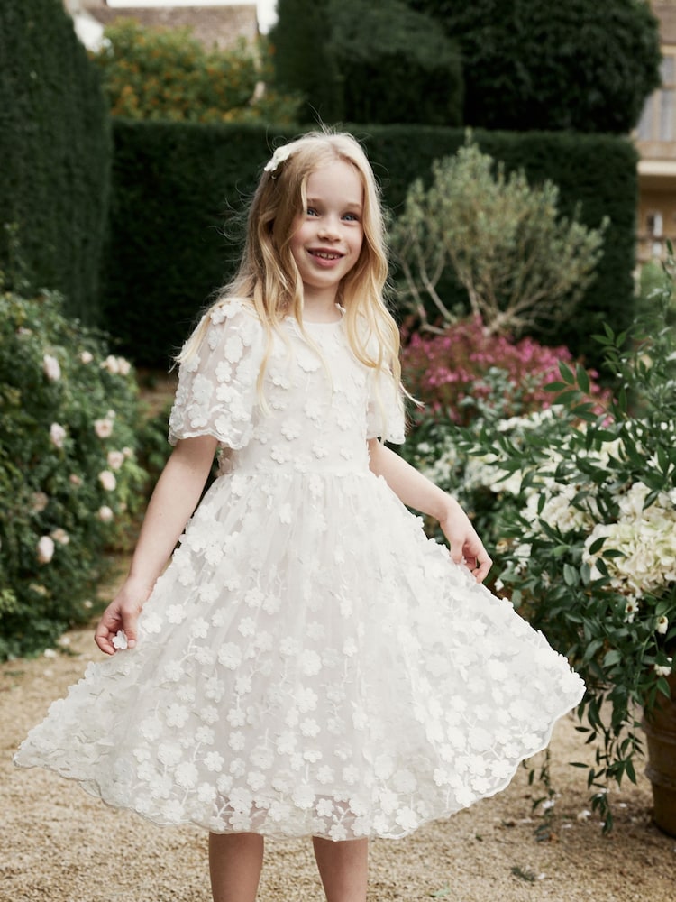 White 3D Flower Occasion Dress (3-10yrs) - Image 1 of 7