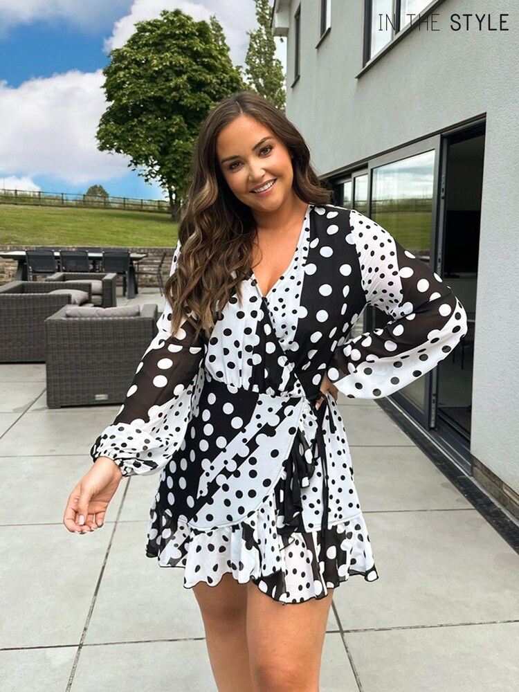 In The Style Black Jac Jossa Contrast Frill Wrap Mini Dress - Image 1 of 5
