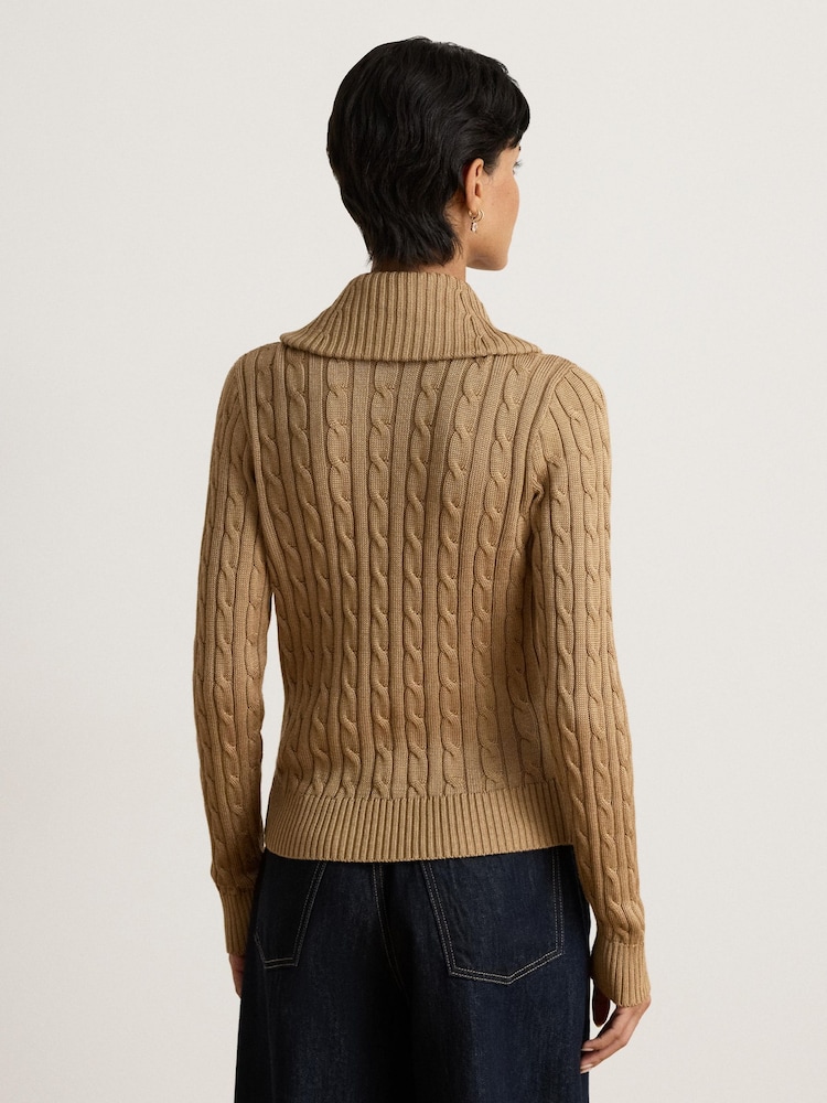 Lauren Ralph Lauren Brown Fraine Cable Knit Shawl Neckline Wrap Sweater - Image 2 of 6