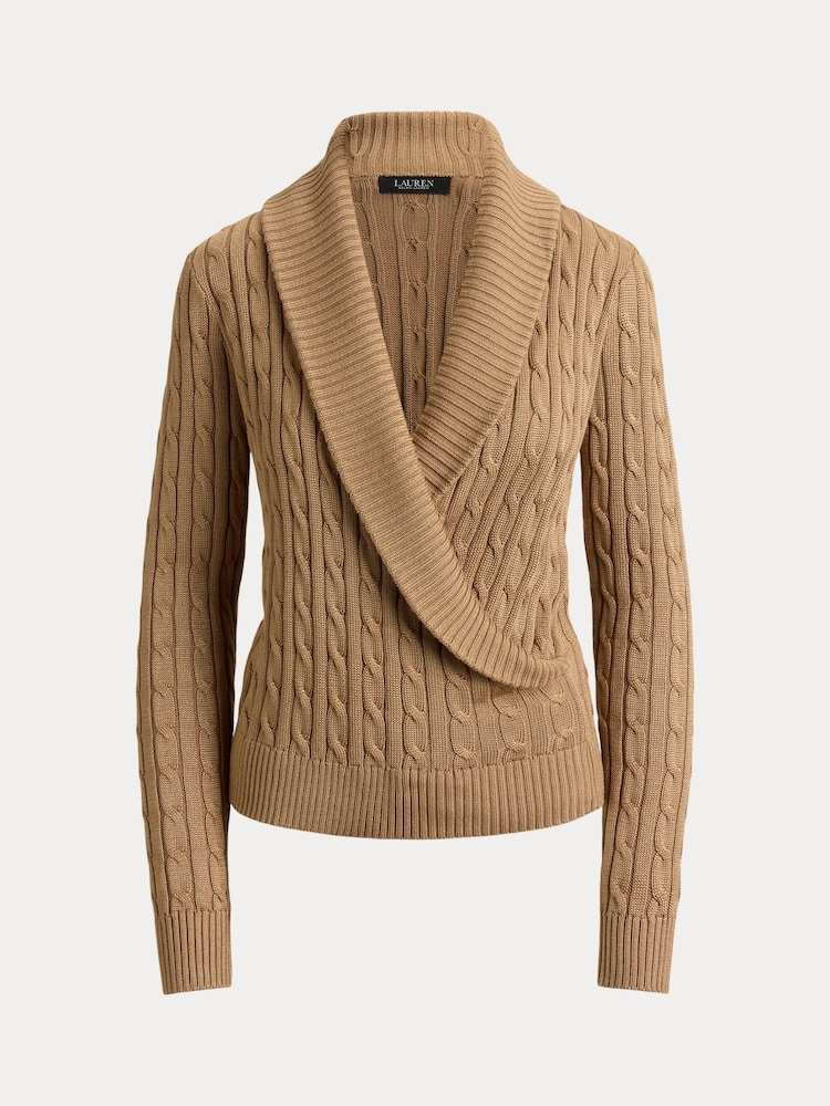 Lauren Ralph Lauren Brown Fraine Cable Knit Shawl Neckline Wrap Sweater - Image 6 of 6