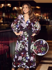 Myleene Klass Floral Sequin Embellished Wrap Black Dress - Image 2 of 10