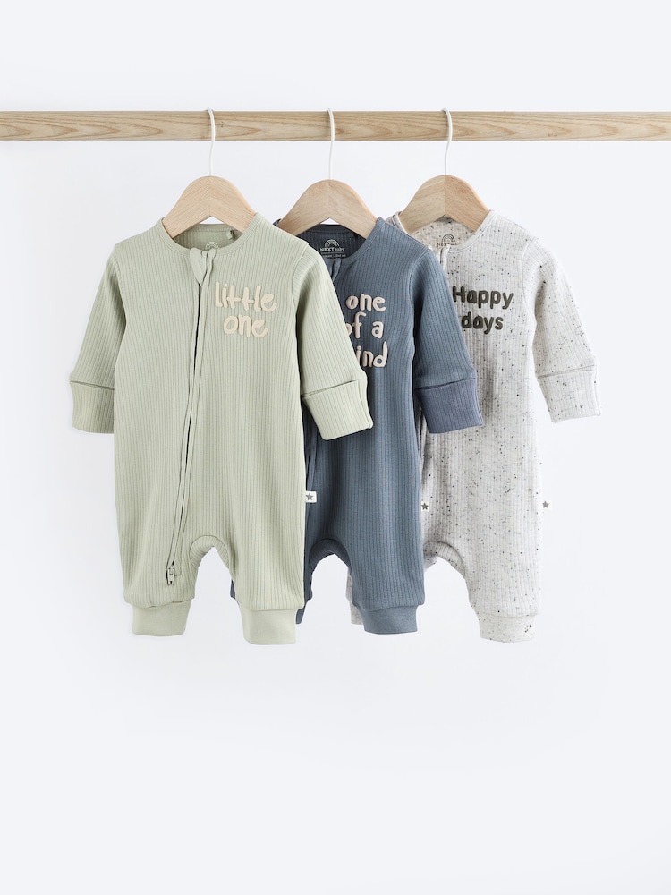 Blue / Grey Slogan Baby Footless Zip 100% Cotton Sleepsuits 3 Pack (0mths-3yrs) - Image 1 of 19