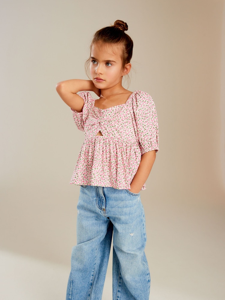 Pink Ditsy Cut-Out Detail Blouse (3-16yrs) - Image 1 of 7 Pink Ditsy Cut-Out Detail Blouse (3-16yrs) - Image 1 of 7