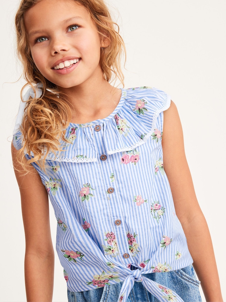 Blue Floral 100% Cotton Tie-Front Blouse (3-16yrs) - Image 1 of 6