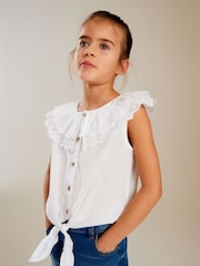 White Broderie 100% Cotton Tie-Front Blouse (3-16yrs) - Image 1 of 8