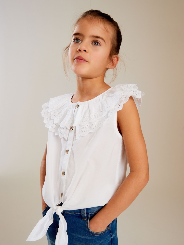 White Broderie 100% Cotton Tie-Front Blouse (3-16yrs) - Image 1 of 8