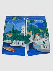 Reiss Blue Multi Lake Reiss | Ché Bespoke Print Drawstring Swim Shorts - Image 2 of 6