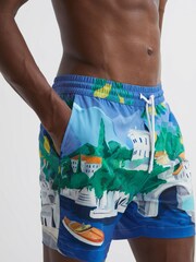 Reiss Blue Multi Lake Reiss | Ché Bespoke Print Drawstring Swim Shorts - Image 4 of 6